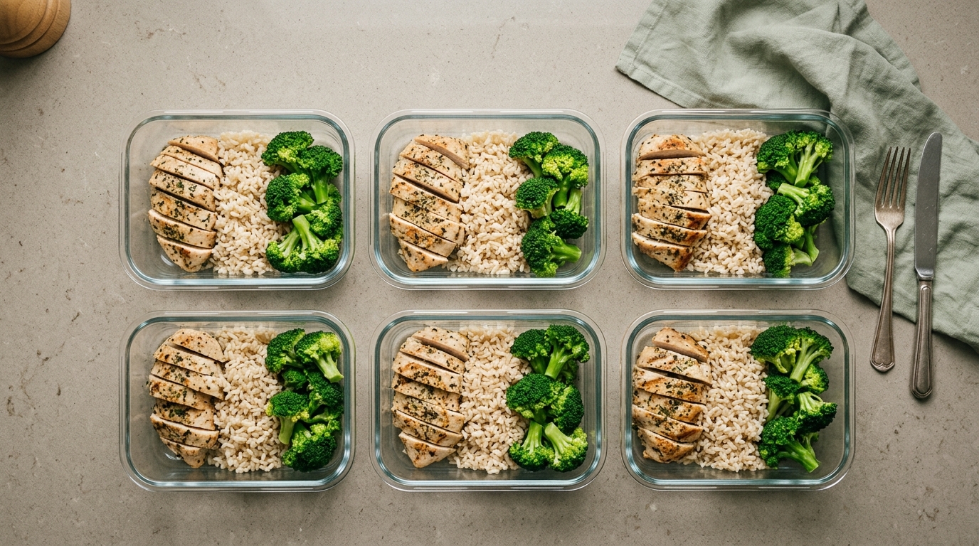 Sechs Glas-Meal-Prep-Boxen mit portionierter Hähnchenbrust, Reis und Brokkoli auf einer Küchenarbeitsplatte