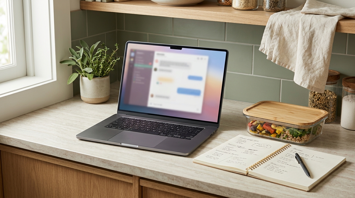 Laptop auf einer Küchenarbeitsplatte neben einem Notizbuch mit handschriftlichen Meal-Notizen und einer Glasbox mit vorgekochtem Essen