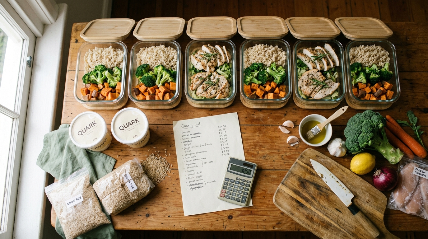 Wochen-Meal-Prep mit sieben Glasboxen, handschriftlicher Einkaufsliste und Zutaten auf einem Holztisch
