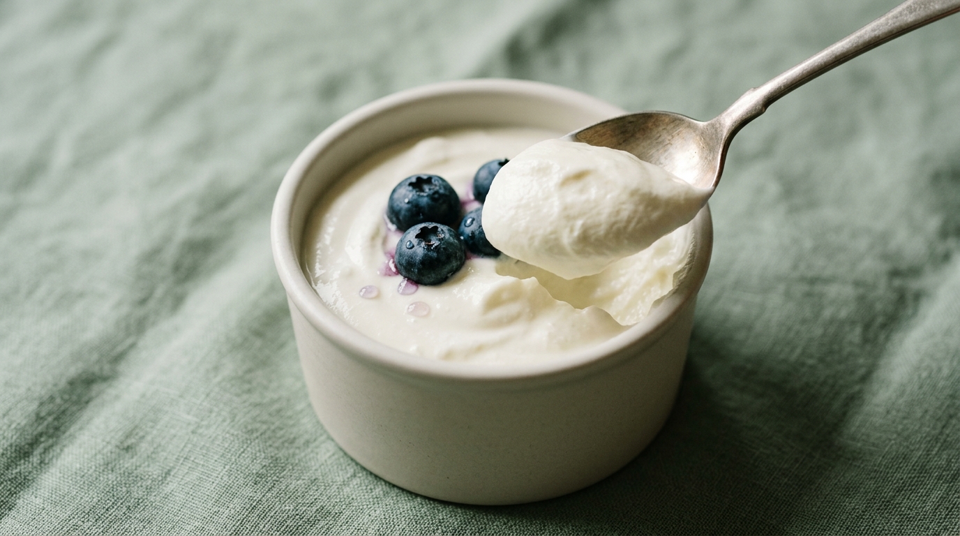 Offener Becher cremiger Skyr mit Löffel und Blaubeeren auf einem salbeigrünen Leinenuntergrund