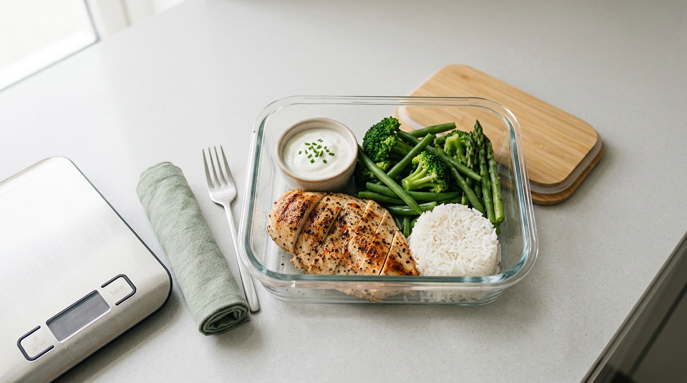 Kalorienarme High-Protein-Mahlzeit mit Hähnchenbrust, Reis, grünem Gemüse und Magerquark in einer Glasbox neben einer Küchenwaage