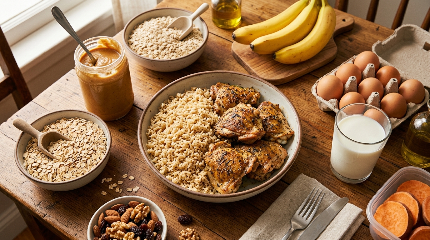 Kalorienreiche Meal-Prep-Mahlzeit mit einer großen Schüssel Reis und Hähnchen, Erdnussbutter, Haferflocken, Bananen und Eiern auf einem Holztisch