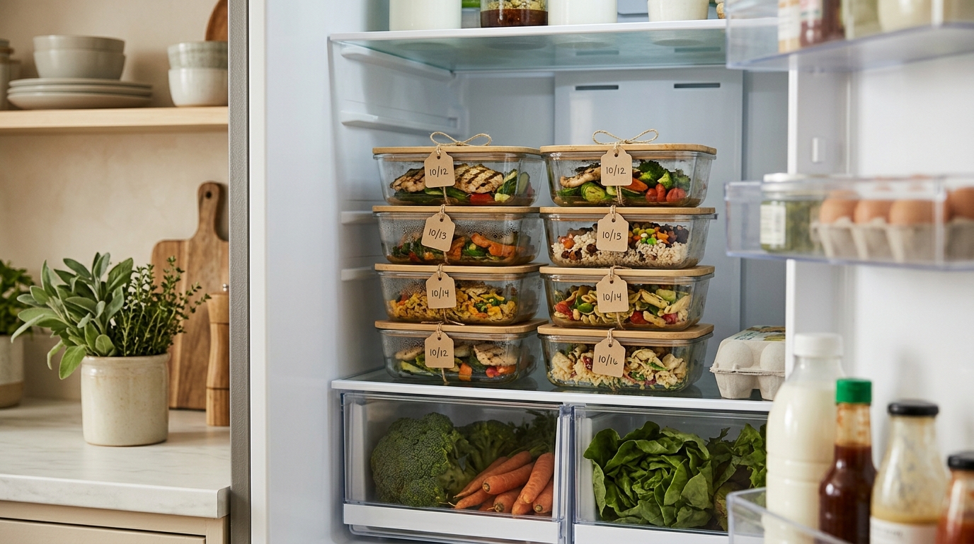 Beschriftete Glas-Meal-Prep-Boxen mit handschriftlichen Datums-Etiketten gestapelt in einem geöffneten Kühlschrank